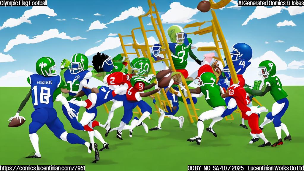 Cartoon style image of a green football field with two teams of cartoon football players. One player is carrying a large ladder toward the end zone, while other players look on with confused expressions. The sky is bright blue. Colors are simple and plain.