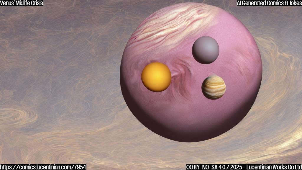 Cartoon style image of the planet Venus applying lipstick in a mirror. The mirror reflects a slightly older, wrinkled version of Venus. The color palette is primarily pink, orange, and yellow.