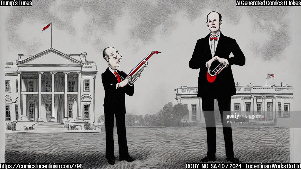 A cartoon of a balding man with a red tie and a trumpet in hand, standing in front of a white background with a subtle outline of the White House visible behind him. The man is wearing a disappointed expression on his face, as if he's having trouble playing the trumpet.