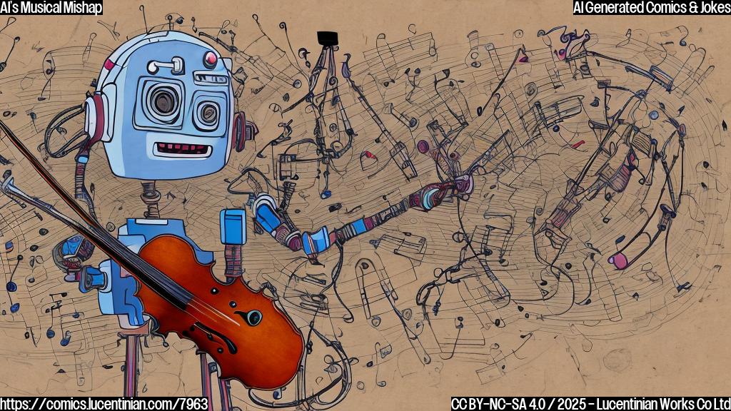 A confused looking cartoon robot with wires sticking out of its head, holding a violin and surrounded by musical notes. Some of the notes are bent and broken. The background is a simple, plain color.
