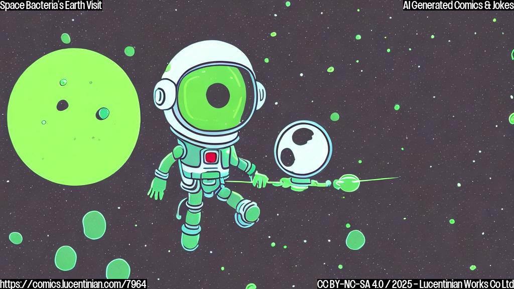 A single, light green, rod-shaped bacteria character wearing a tiny astronaut helmet, floating in a black space background with small, stylized white stars. The style is simple, cartoonish, and uses plain colors.