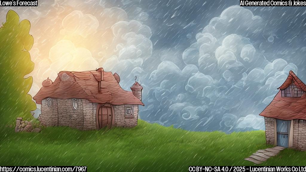 A cartoon style house looking sad under a rainy cloud. A sun is starting to appear on the side. All in plain colors.