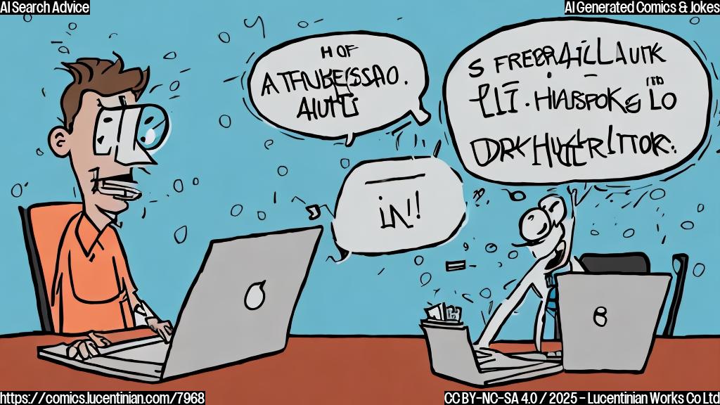 A cartoon image depicting a frustrated person with messy hair sitting at a desk with a laptop. The laptop screen displays a nonsensical joke with the words "AI Humor" in big letters. A speech bubble coming from the person says "Seriously?". The style is simple and colorful with a plain light blue background.