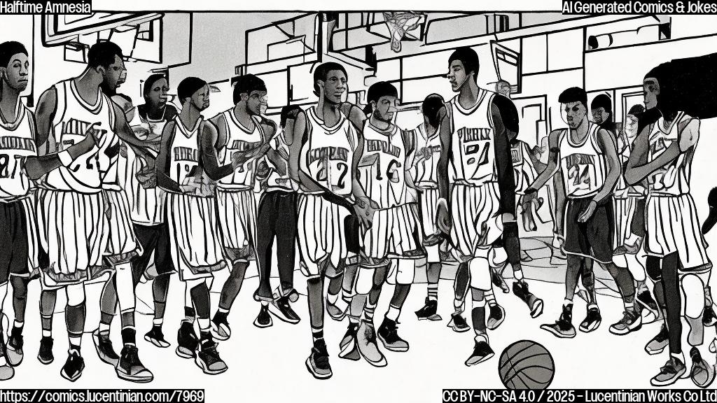Cartoon image of a basketball team walking off the court looking dejected, with a thought bubble showing a basketball lying alone in an empty locker room. The thought bubble is in plain color.