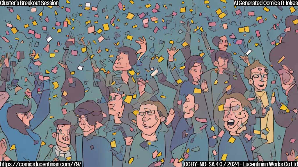 Draw a cartoon style illustration of a cluster of people (four) standing in front of a therapist, with each person having a different facial expression. The background should be a blurred cityscape with buildings and trees, but the focus is on the cluster. Incorporate some "breakout" related elements such as scattered confetti or broken chains to emphasize the theme.