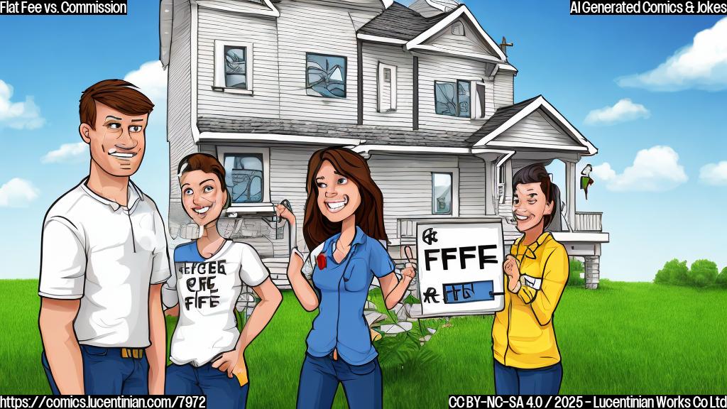 A cartoon style house with sad eyes, looking at a broker with a percentage sign on his shirt and dollar signs in his eyes. Another broker with a flat fee sign on her shirt smiles reassuringly at the house. The background is a simple, plain color.