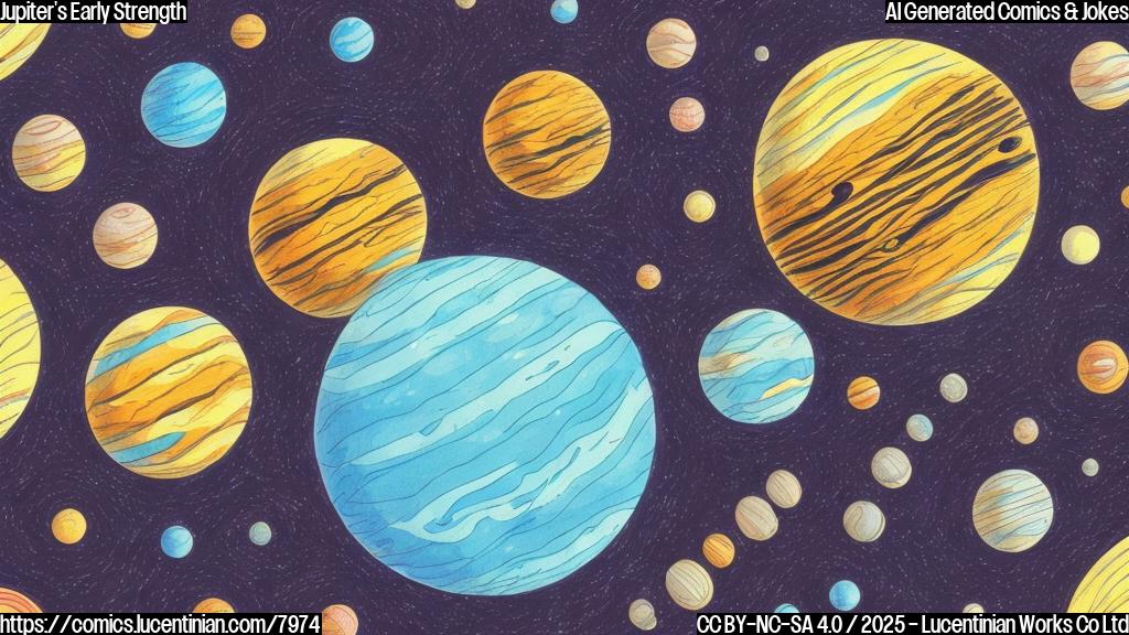 A simple cartoon drawing of a very large, striped planet with an enormous magnetic field flexing its 'muscles' at smaller, scared-looking planets. The style should be plain and colorful, suitable for a children's science book.