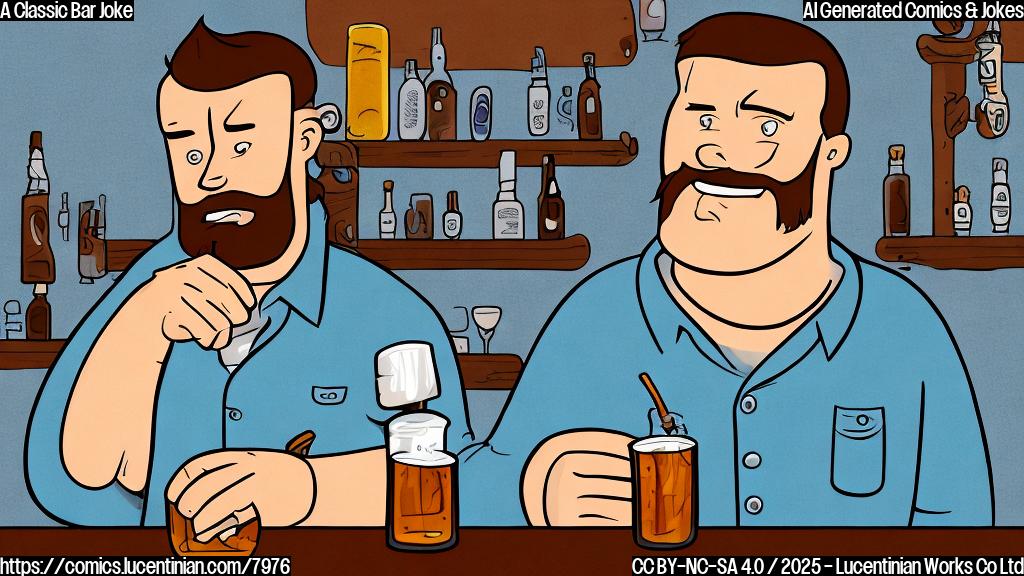 A cartoon drawing in a plain color background. A short, heavyset character with thinning brown hair sits at a wooden bar, a large glass of amber liquid in front of him. He wears a simple, light blue shirt. The bartender, a taller, leaner figure with neatly combed brown hair, stands behind the bar polishing a glass with a white cloth. The background is a single color, light beige. Style is simple, reminiscent of classic newspaper comics.