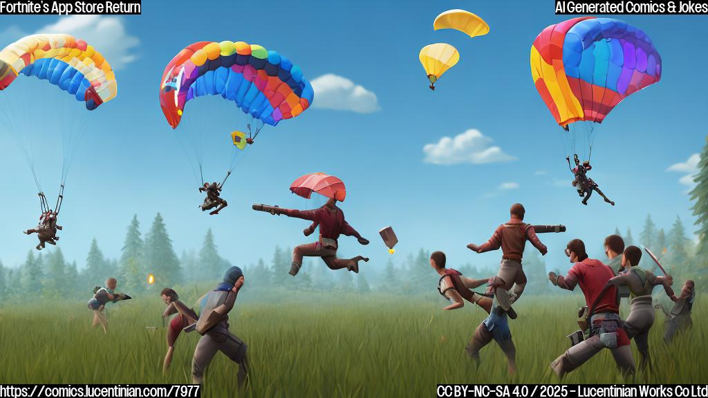 A plain color cartoon style picture of a smiling mobile phone screen showing a popular battle royale game character parachuting onto a field with building materials floating around them. The app store icon is in the corner, also smiling.