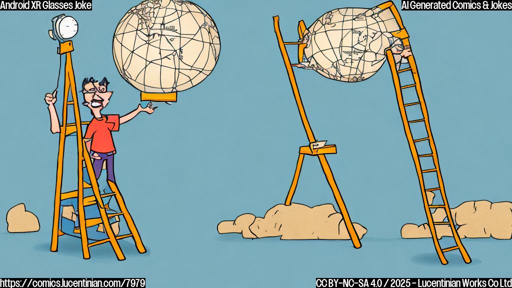 a simple cartoon of a excited person with glasses carrying a huge ladder, standing in front of a projection of a map. The style is plain color and minimalist.