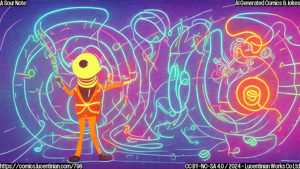 Illustrate a cartoon conductor holding a thermometer, surrounded by abstract, neon-lit musical notes and swirling patterns, with a spaceship or a giant sandworm in the background.