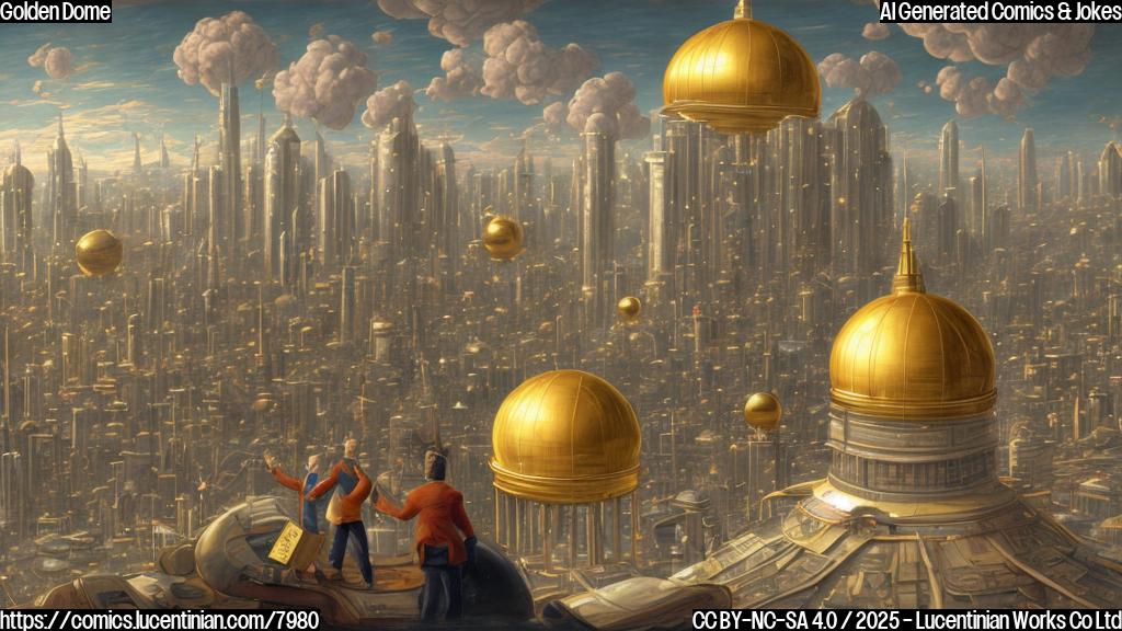 A cartoon-style drawing of a giant golden dome hovering over a generic cityscape. Missiles are harmlessly bouncing off the dome. In the background, a doctor with a stethoscope looks dejected, holding a very large bill.