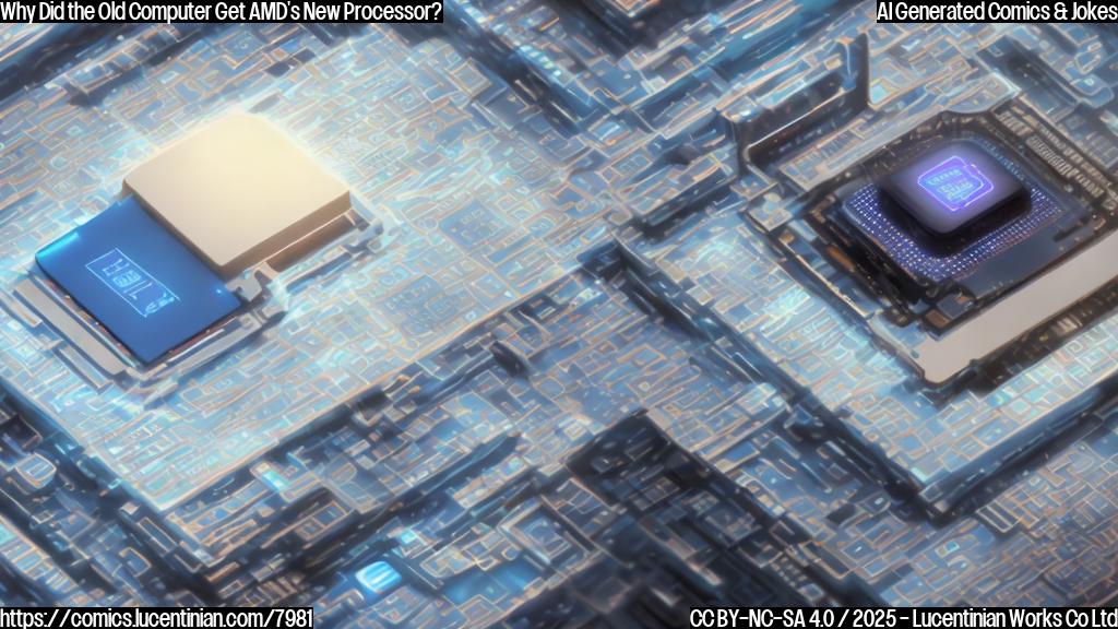 A cartoon-style, light blue image featuring an old, beige desktop computer happily holding a futuristic, glowing processor chip. The computer has a surprised and delighted expression, with wide eyes and a slightly open mouth. The processor chip is sleek and black with glowing red accents. The background is a simple, gradient light blue.