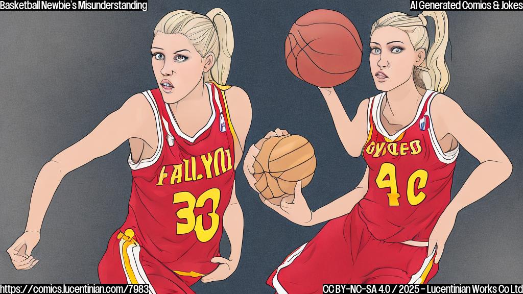Cartoon drawing of a basketball player, female, blonde ponytail, wearing a generic jersey, looking puzzled with a basketball in one hand and two burgers in the other, simple background, plain colors.