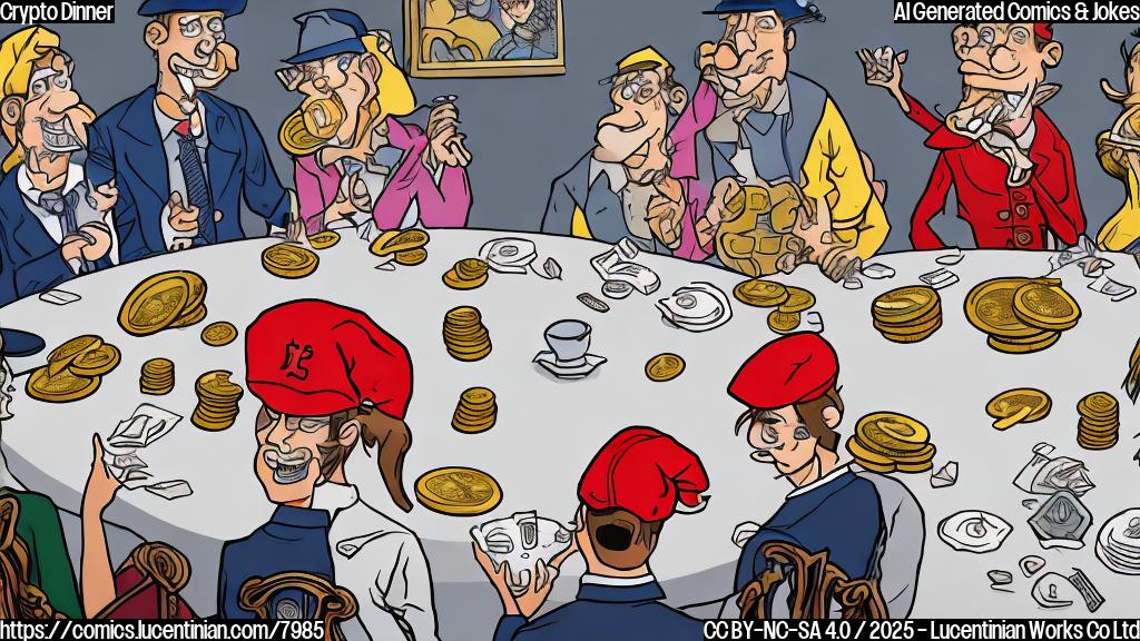 A cartoon style, plain color image of a group of people with digital currency logos on their shirts sitting at a fancy dinner table. One is wearing a red hat, and everyone is eagerly looking towards an empty seat at the head of the table. A waiter is approaching with a silver platter, but instead of food, it's piled high with digital coins.