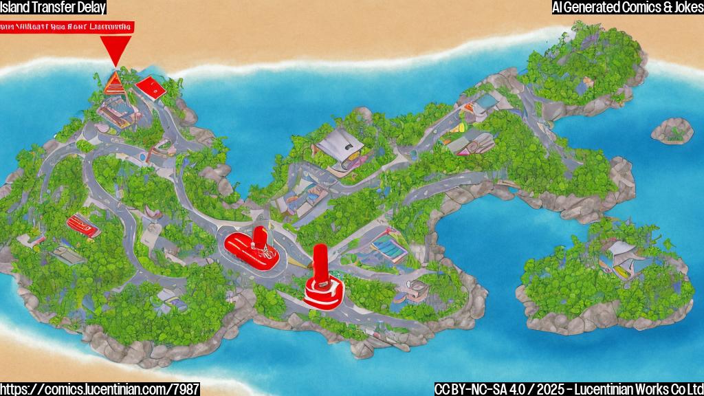 Cartoon image of two tropical islands. One island is much smaller and being pushed towards the larger island by hands wearing legal gowns. A red stop sign blocks the smaller island's path.