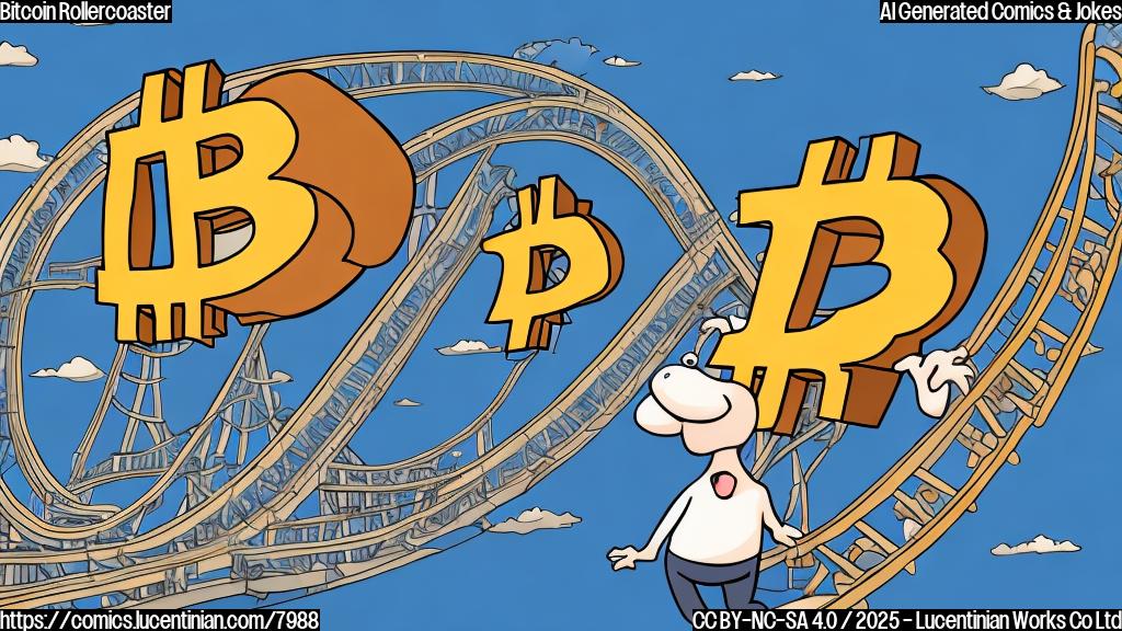 Cartoon drawing of a sad-looking bitcoin with teary eyes sitting on a rollercoaster that is going up and down wildly. The background is a plain light blue.