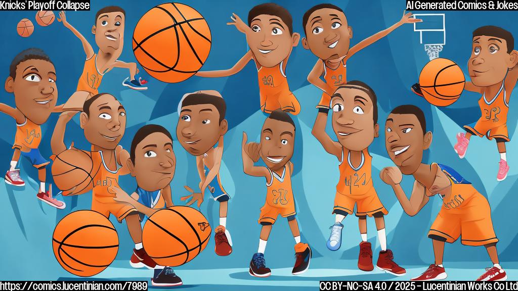 A cartoon basketball team with sad faces standing at the bottom of a very deep hole, while one player holds a comically small ladder. The background is a basketball court with a disappointed crowd. Plain color cartoon style.