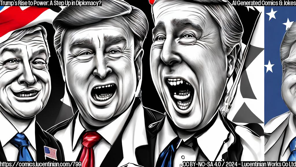 Illustrate a cartoon of two world leaders, one with an American flag and a confident expression, standing side by side on a staircase or ladder, with a subtle hint of relief or nervousness on the leader's face. The style should be simple, colorful, and playful, conveying the lighthearted tone of the joke.