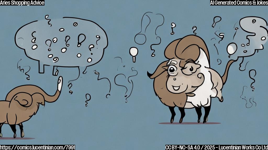 a simple cartoon of a ram-like character looking indecisive in front of a store with question marks floating around its head, plain light blue background