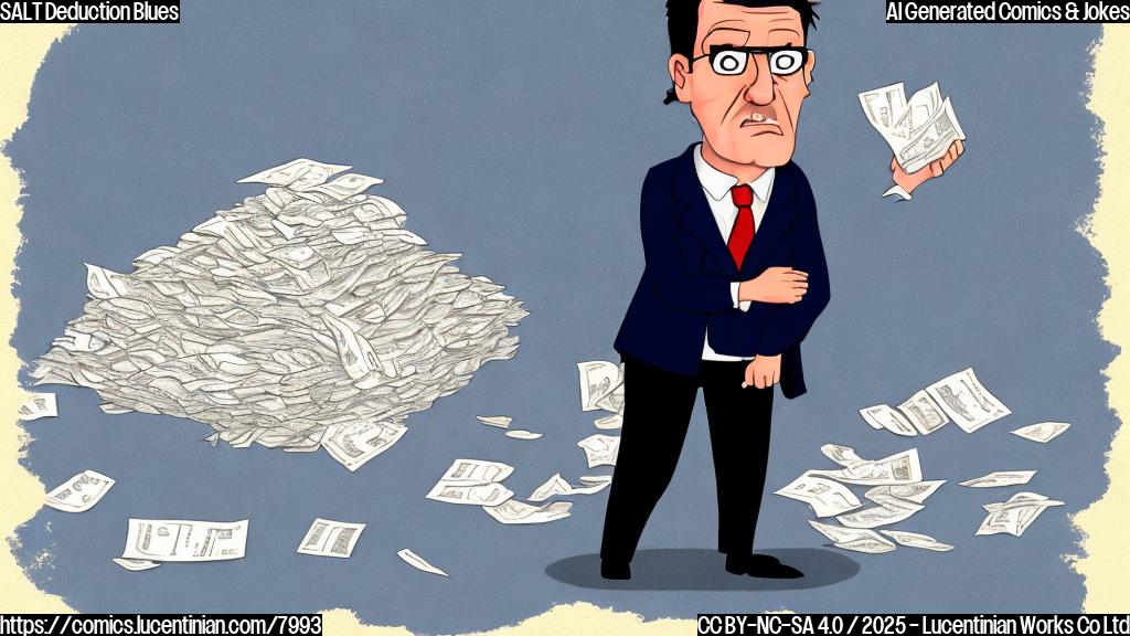Cartoon image of a sad looking taxpayer, with a single, oversized grain of salt resting on a giant pile of tax bills. The background is a muted blue, and the style is simple and clear.