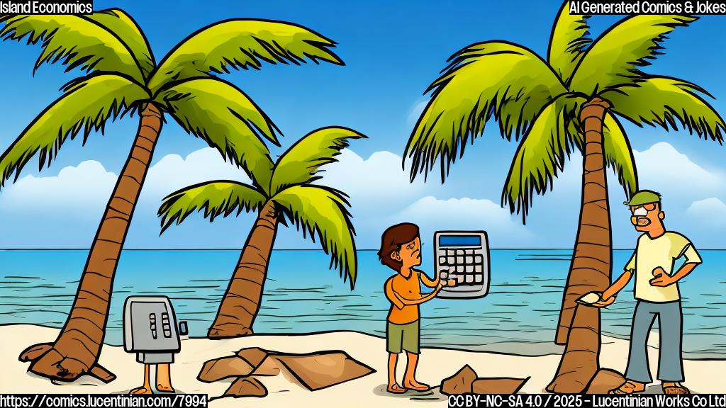 A plain color cartoon style picture showing a deserted island with a palm tree and a contestant holding a calculator.