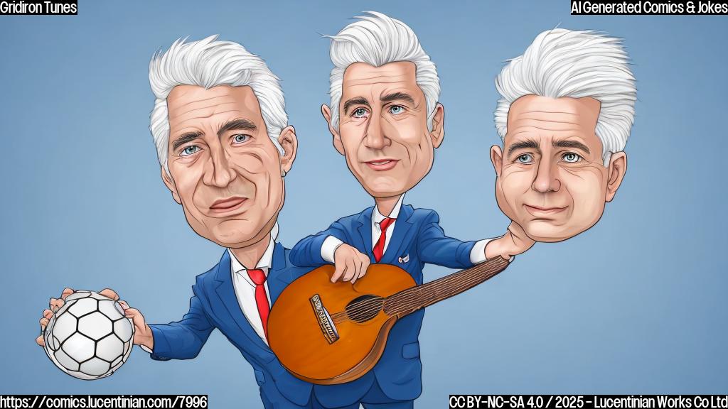 A cartoon drawing of a football team owner with white hair holding a football in one hand and a guitar pick in the other. He's wearing a blue suit. The background is a plain light blue.