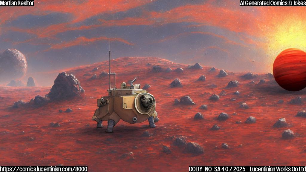 cartoon style, a red planet landscape with a small rover taking a selfie, in the background a pale swirling dust devil, plain color background.
