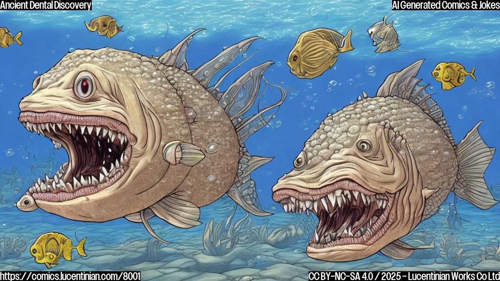 Cartoon drawing of a very old, armored fish with prominent, somewhat sensitive-looking, teeth-like protrusions, floating in prehistoric ocean setting with bubbles. Plain color background.