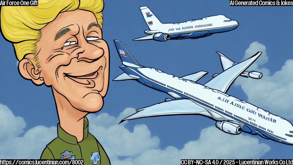 A cartoon drawing of a very large white and blue airplane with the words "Air Force One" on the side. A small, caricature-like figure with blonde hair is standing next to the plane, shrugging with a mischievous grin. The background is a plain light blue.