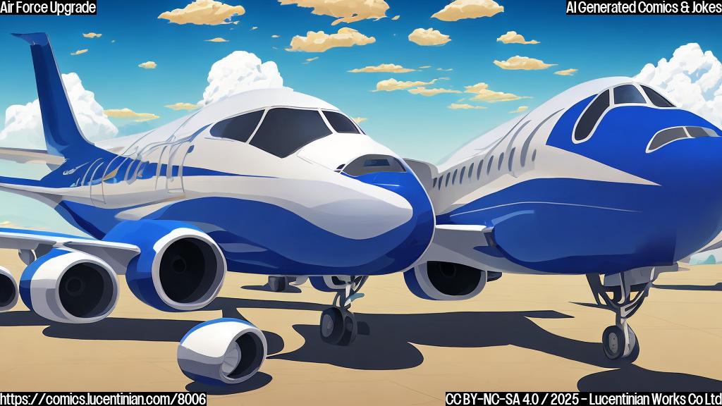 A cartoon image of a sleek, modern jet airplane sitting on a tarmac. The plane is receiving a comical makeover, with oversized paintbrushes and tools working on it. The background shows a bright blue sky with fluffy clouds. The style is simple and colorful, resembling a children's book illustration.