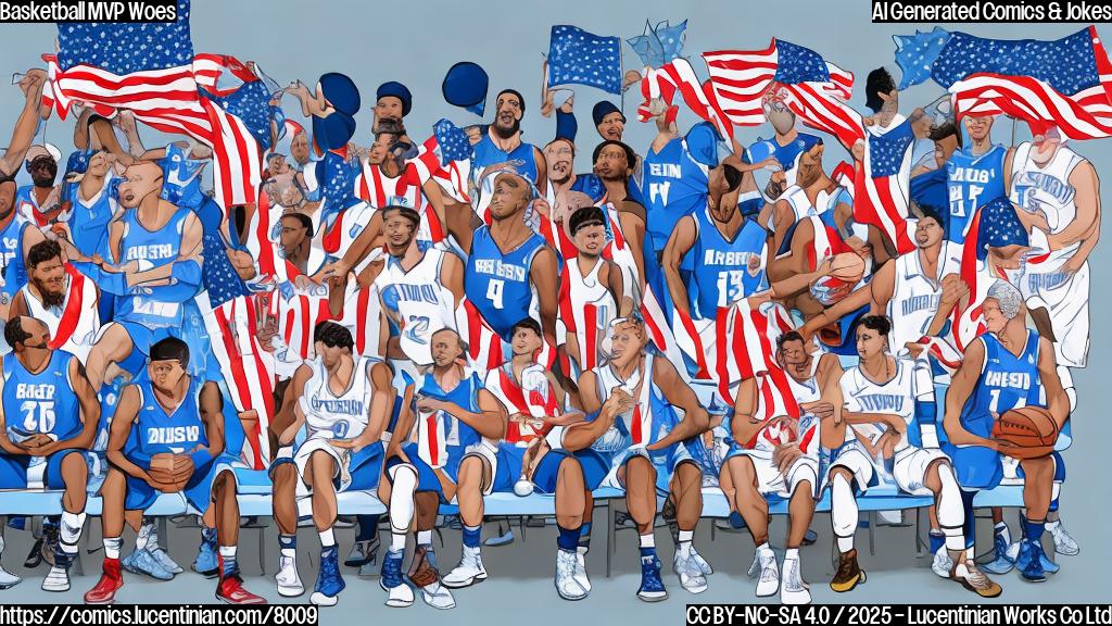 Cartoon drawing of a sad basketball player with an american flag on his jersey sitting alone on a bench, while a group of diverse players celebrate with trophies in the background. The background is plain light blue.