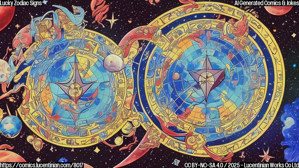 A cartoon image in plain colors depicting three stylized zodiac symbols (Aries, Gemini, Sagittarius) floating among stars and a crescent moon. The Mars symbol is also visible nearby. A large lottery ticket with a winning symbol is placed near the Aries symbol. The overall feel is whimsical and lucky.