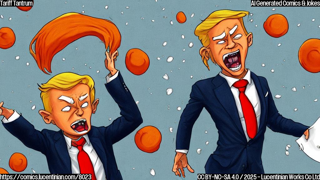 A cartoon depiction of a round, orange-skinned man with exaggerated blonde hair throwing a comical temper tantrum. He is wearing a dark blue suit and a bright red tie. Dollar signs are raining down around him, and he is stomping his feet on a document labeled "Tariffs". The background is a plain light blue.