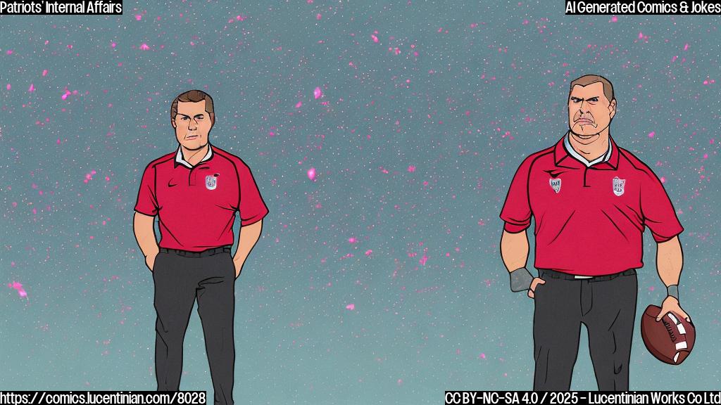 A cartoon image showing a football coach with a serious expression, standing in front of a locker room. In the background, faint pink crystals are sparkling. The style is plain, with simple shapes and bold colors.