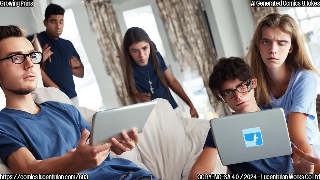 a cartoon of a teenager looking frustrated and confused, with a tablet showing a social media login page in the background, while a parent looks on with a stern expression