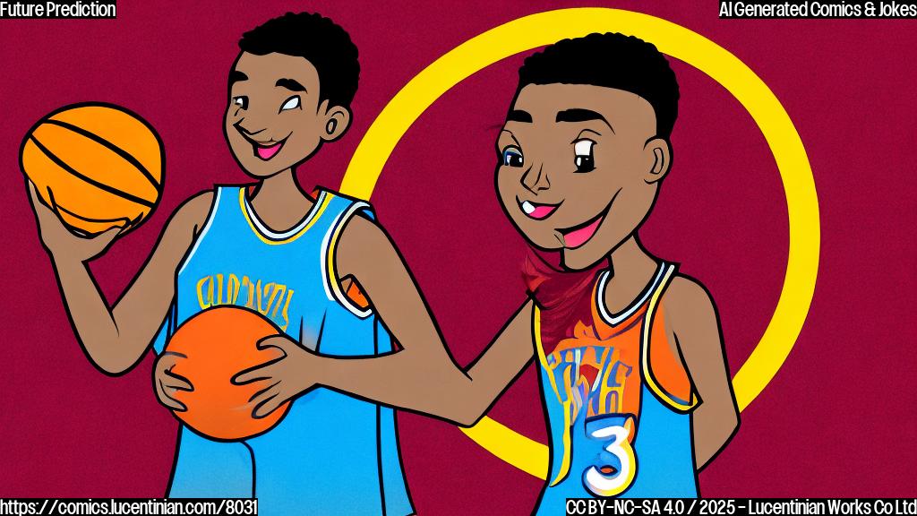 Cartoon drawing of a person with a basketball jersey, holding a glowing crystal ball, looking excitedly at a basketball court. Plain background color.