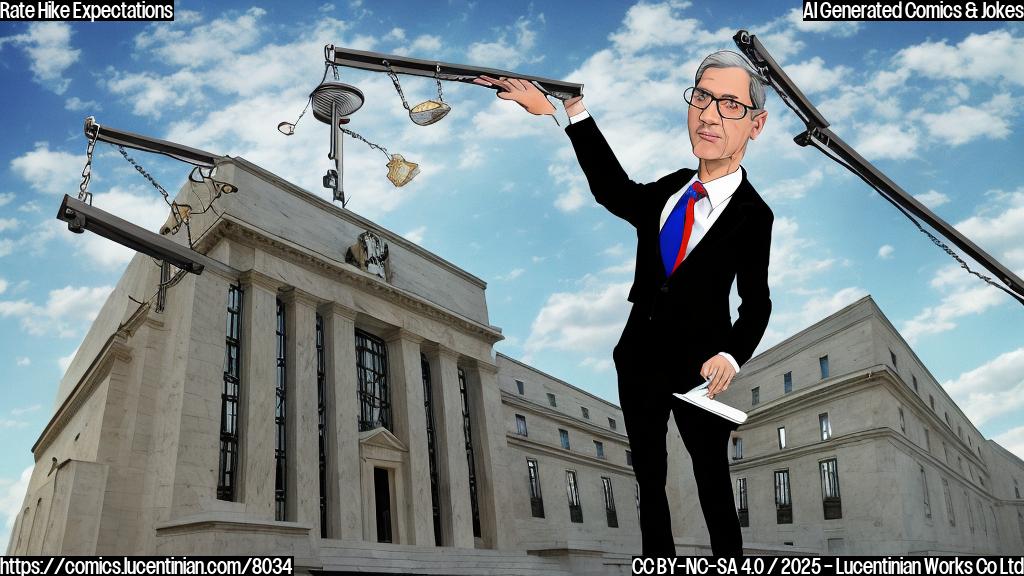 A cartoon style image of a serious-looking economist, wearing a dark suit and glasses, carrying a comically oversized ladder towards a grand building labeled "Federal Reserve". The building has a sign showing an upward trending graph. The sky is plain light blue.