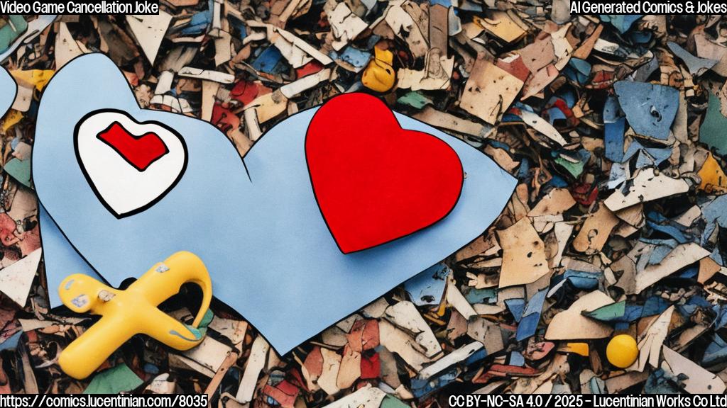 Plain color cartoon style image of a sad video game controller with a broken heart next to a discarded superhero cape on the ground.
