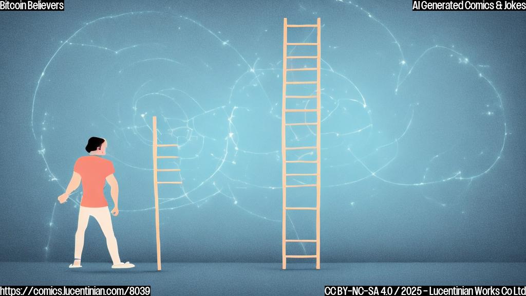 A minimalist cartoon image of a person wearing a t-shirt with a bitcoin symbol on it, standing next to a very long ladder that stretches upwards out of frame. The background is a single, light blue color.