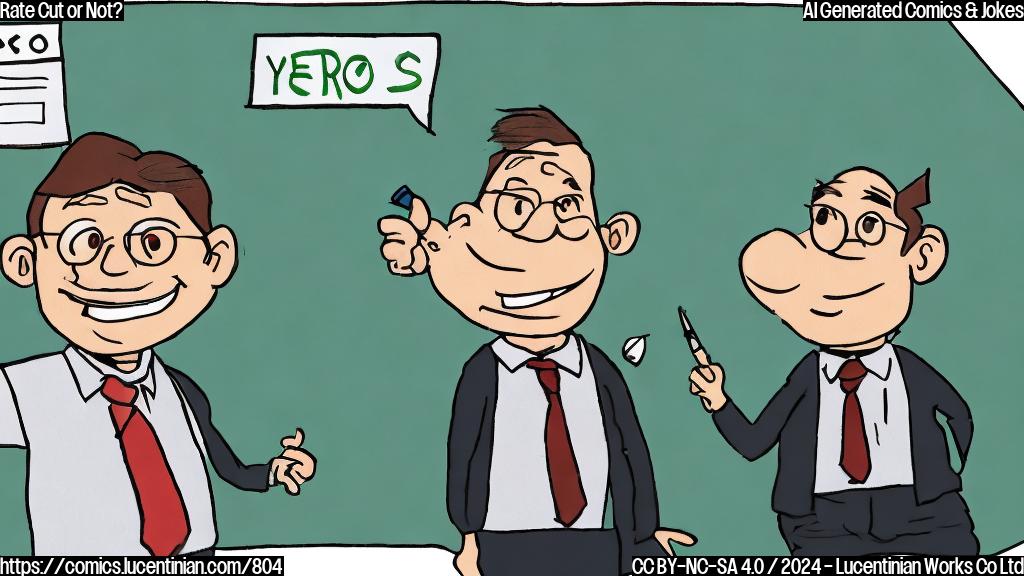 A cartoon of two smiling faces, one with a red checkmark (representing a yes) and the other with a green X mark (representing a no), standing in front of a whiteboard with a simple graph of interest rates on it.