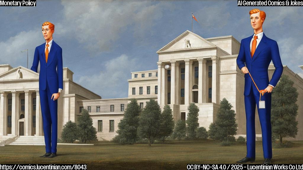 A cartoon style image depicting a tall, orange-haired businessman in a dark blue suit with a long red tie, struggling to place a ladder against a large, grey, neoclassical building labeled "The Federal Reserve". The building is featureless. The color palette is simple and bright.