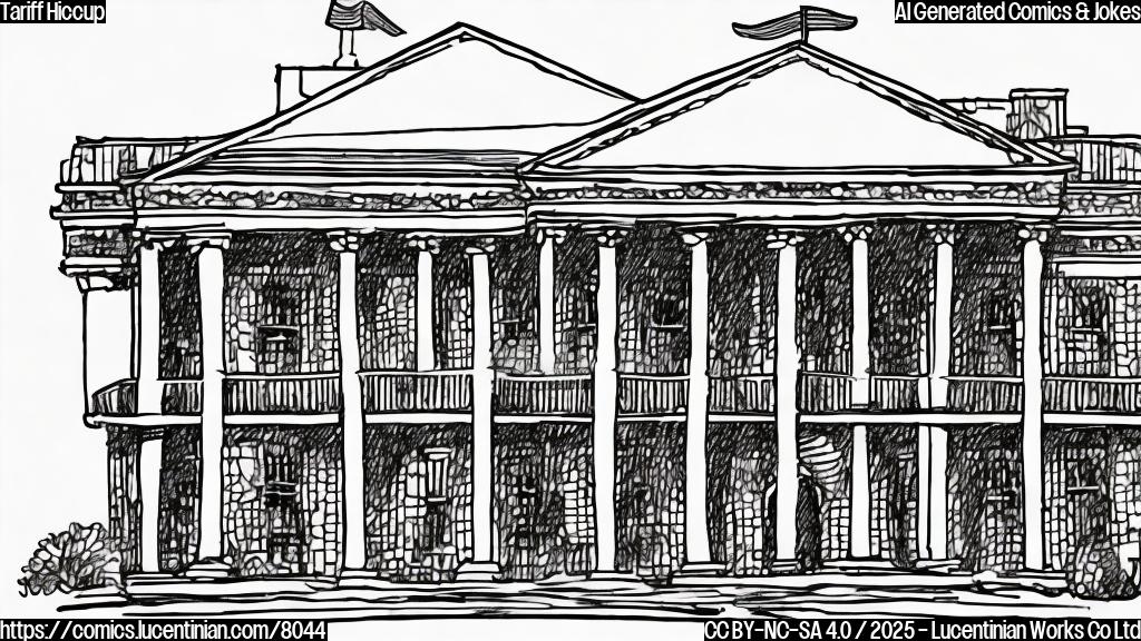 A light beige cartoon drawing of a White House building with a speech bubble coming out of the roof saying "Hiccup!". The style is plain and simple.