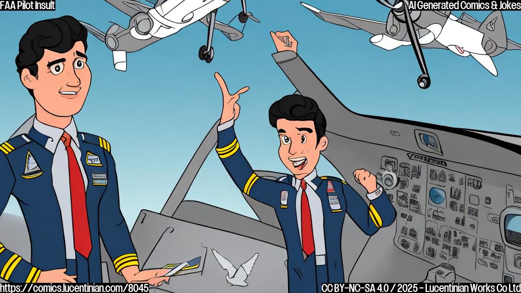 Cartoon image of a man with curly dark hair, wearing a pilot's uniform and standing in front of a simplified airplane cockpit. He's pointing emphatically at a clipboard, with a speech bubble coming from his mouth containing an exclamation mark. In the background, several generic figures in suits with confused expressions are depicted. The overall style should be plain, colorful, and cartoonish.