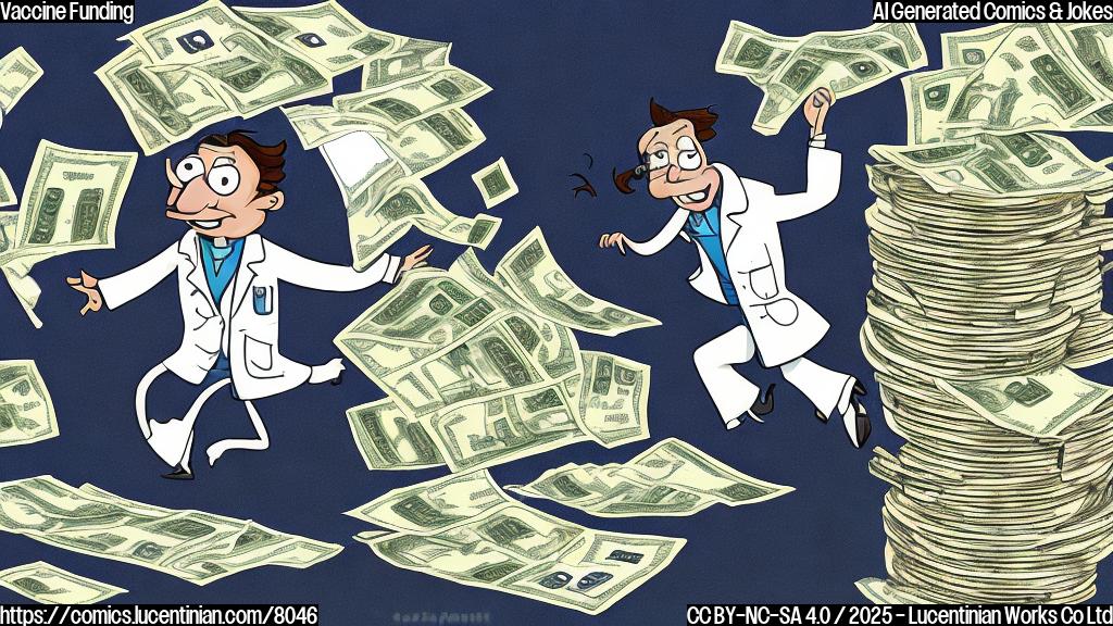 A cartoon drawing of a stack of money with legs running away from a worried-looking scientist in a lab coat. The background is a plain blue.