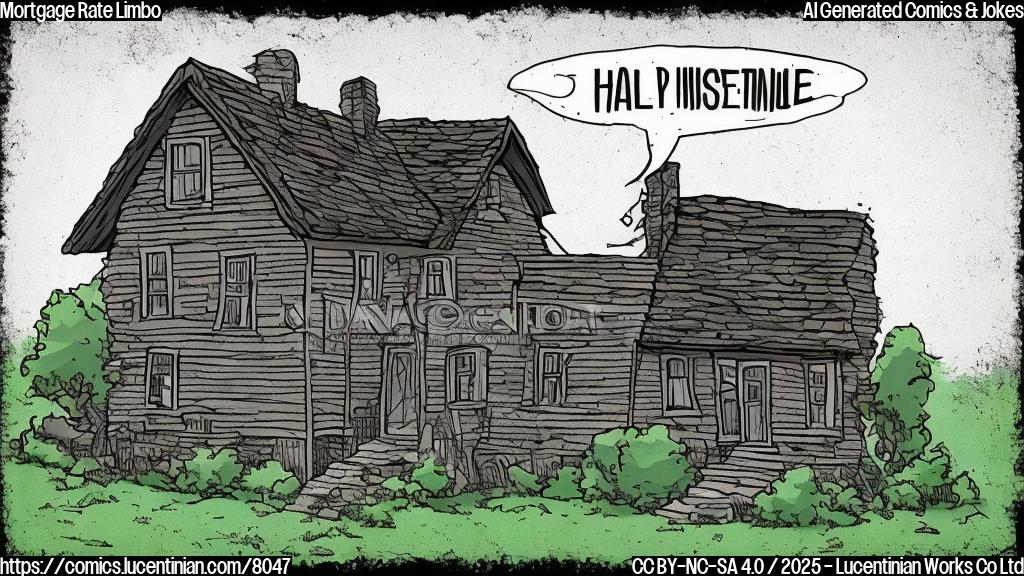 Plain color cartoon style of a sad looking house with a speech bubble above it saying "7%"