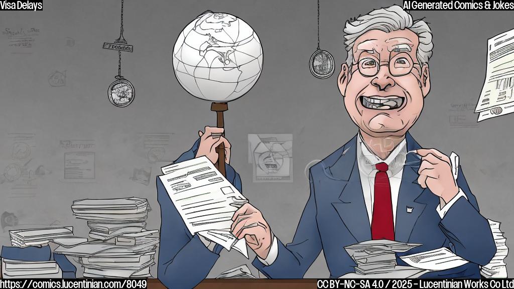 A cartoon drawing of a stressed university president with a large stack of visa applications on his desk. The president is depicted with messy gray hair and a worried expression, with sweat drops. The background shows university buildings with a globe beside the visa applications.