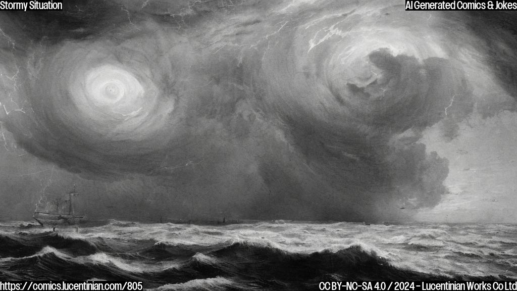 A Category 3 hurricane with a frazzled expression and a wrecked island landscape in the background, surrounded by broken palm trees and dark clouds.