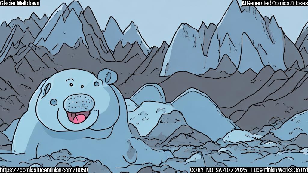 A light blue cartoon glacier with a sad face looking away from a brown cartoon mountain village covered in mud. The background is a light gray sky.