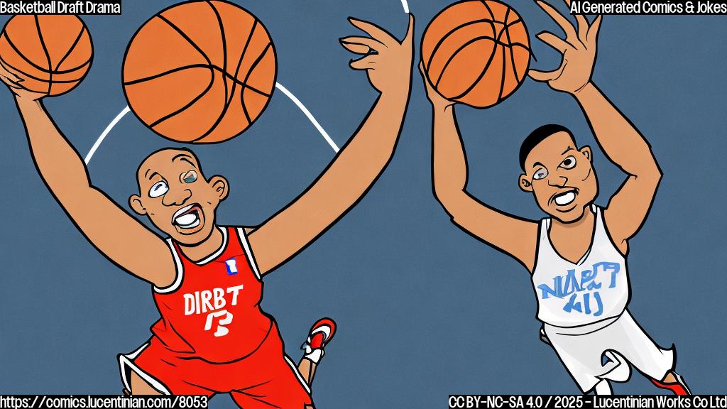A plain cartoon style image of a basketball player sweating and rushing towards a finish line marked "NBA Draft Withdrawal Deadline", holding a basketball, with a clock showing the time is almost up.